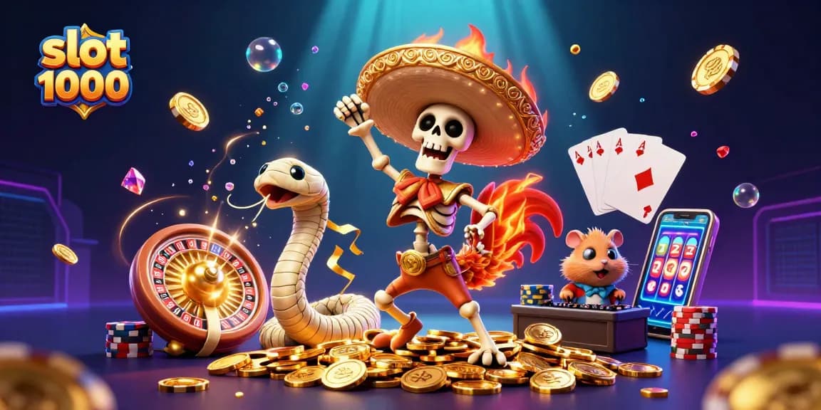 Slot 1000 memberikan keseruan dengan karakter kartun di tengah tumpukan koin emas.