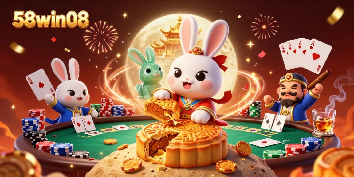 Experience thrilling poker action with 58win08's dynamic moon rabbit scene, celebrating wins in style.