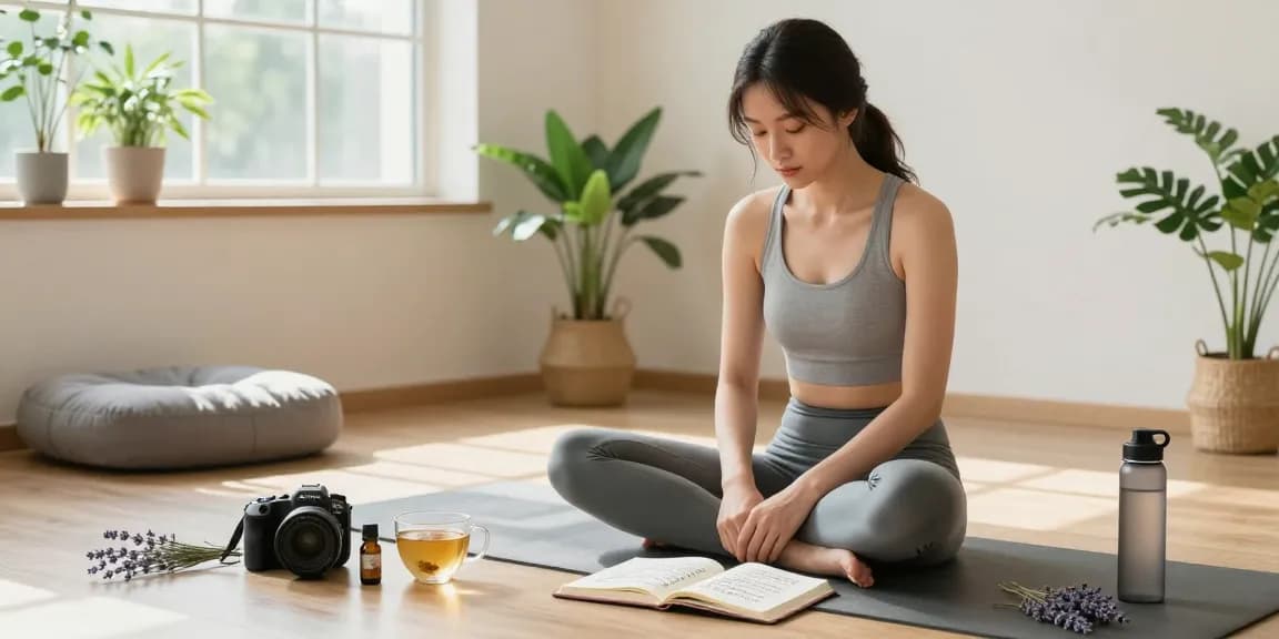 ブラビオンSの口コミを基にした健康生活のシーンで、心地よいヨガマットに座る若い女性と健康製品が描かれています。