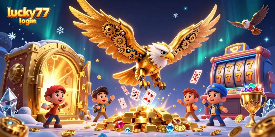 Experience the vibrant lucky77 login scene with a cybernetic eagle soaring amidst casino treasures and holographic cards