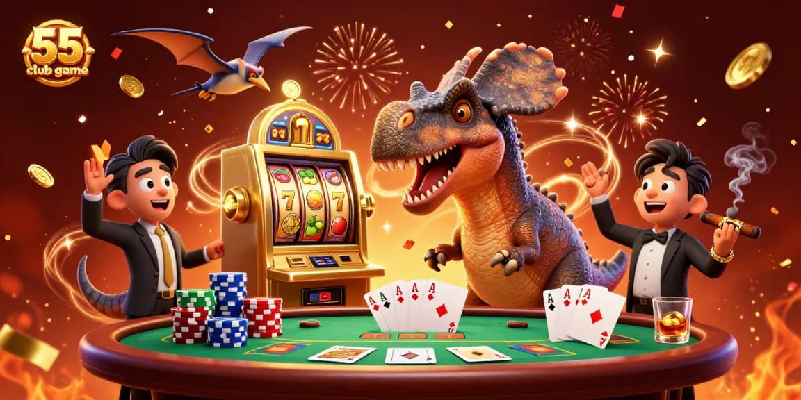 Experience excitement with the 55 club game as characters celebrate jackpots and winnings!