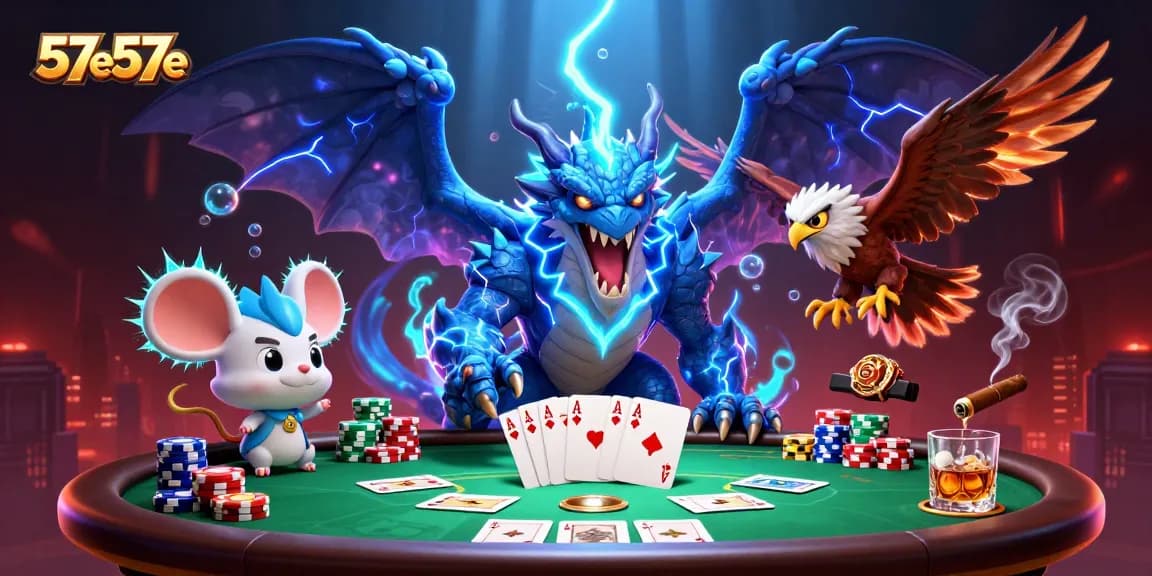 Engage in thrilling poker action with 57e57e's electrifying 3D casino illustration featuring vibrant characters.