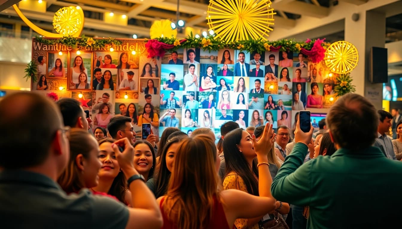Participants interacting with an engaging interactive photo wall at a lively event, showcasing selfies.