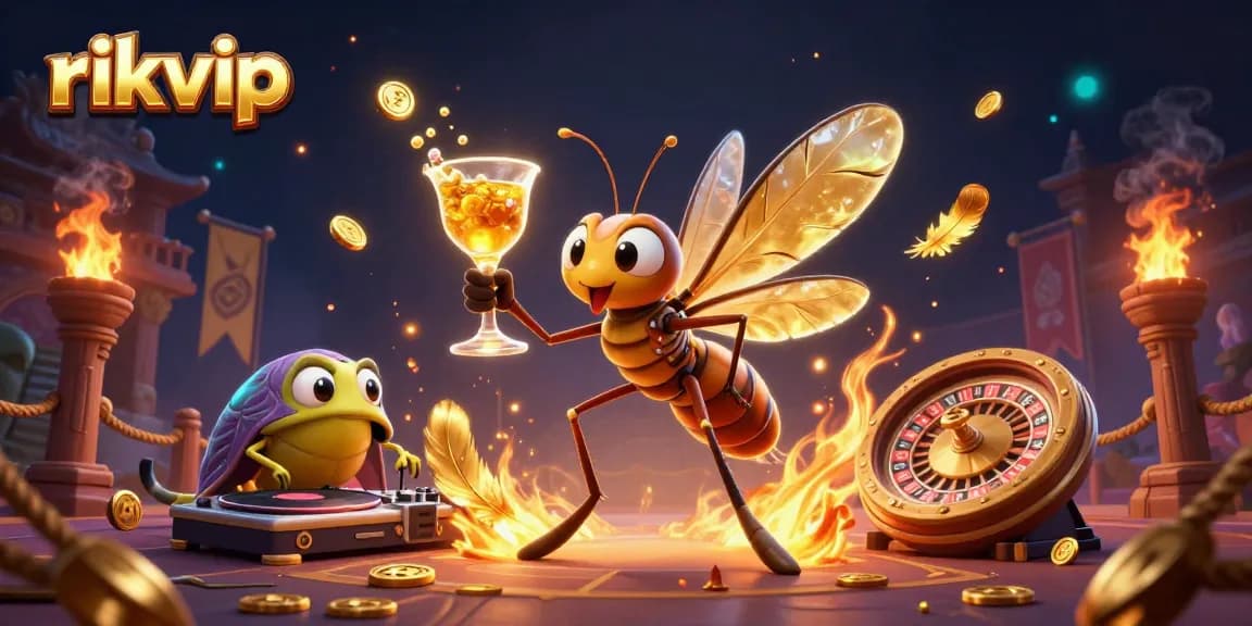 Experience the vibrant atmosphere of rikvip with a lively 3D casino featuring unique characters and golden elements.