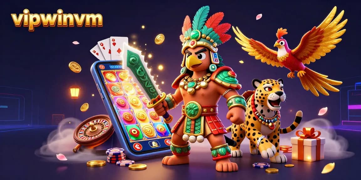 Experience the excitement with vipwinvm through vibrant slot games and dynamic characters in an action-packed scene.