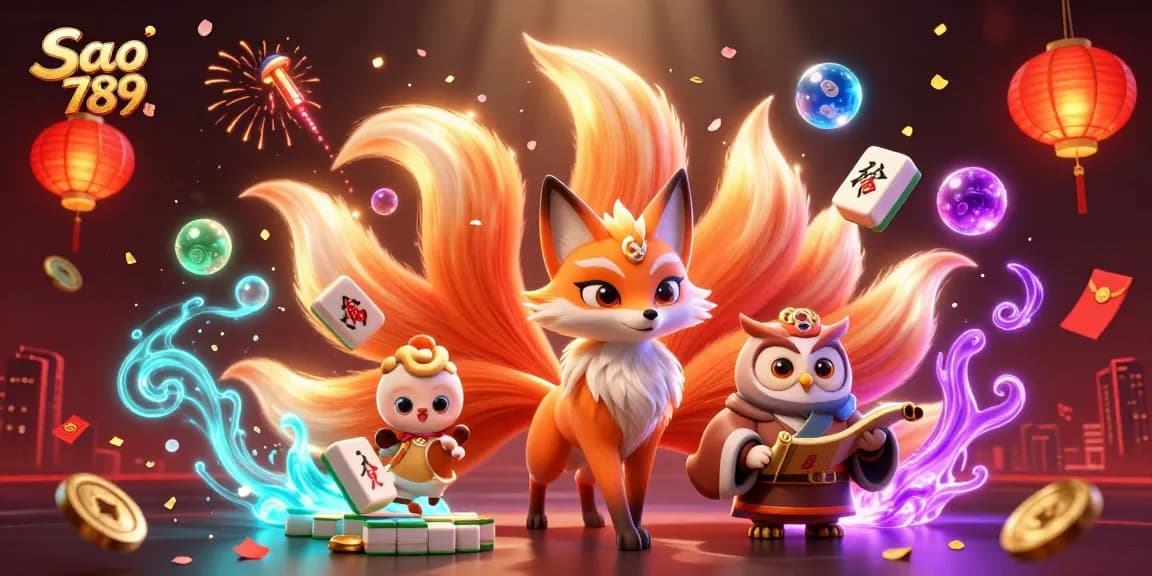 Sao 789 features a vibrant scene with a nine-tailed fox spirit and wise owl sage amidst colorful gaming elements, celebrating online gambling.