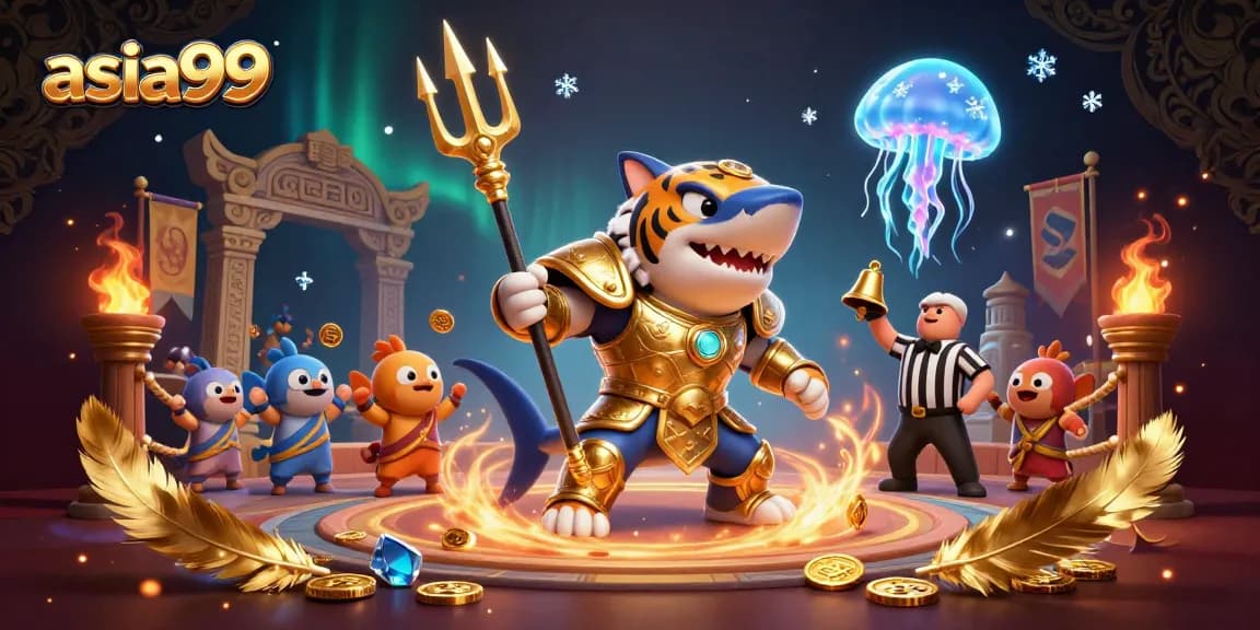 Experience thrilling gameplay at asia99 with a fierce gladiator shark and vibrant casino elements.