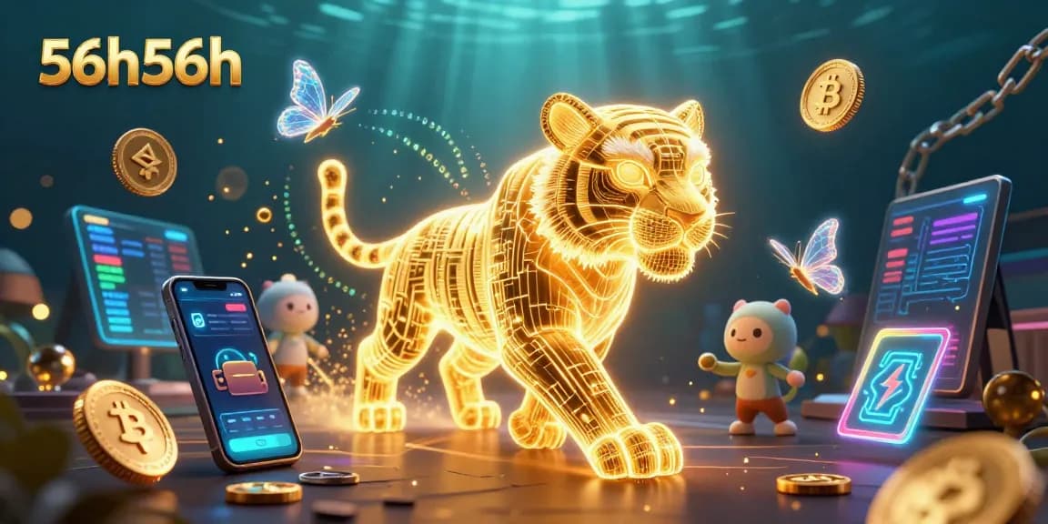 Visualização do cassino digital 56h56h com tigre neon e moedas cripto interativas.