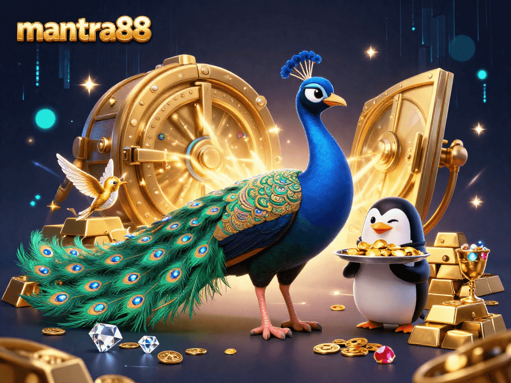 Engage with mantra88's vibrant 3D casino-themed illustration showcasing a dazzling peacock, a penguin butler, and a hummingbird amidst gold treasures.