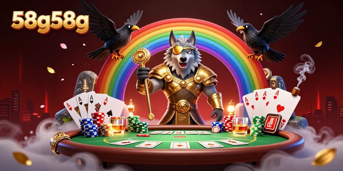 Engage in thrilling casino action with 58g58g illustrated as Odin's characters and poker elements.