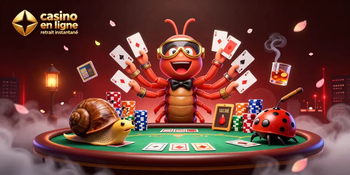 Un dealer de casino en ligne retrait instantané distribuant des cartes colorées au milieu d'un décor vibrant.