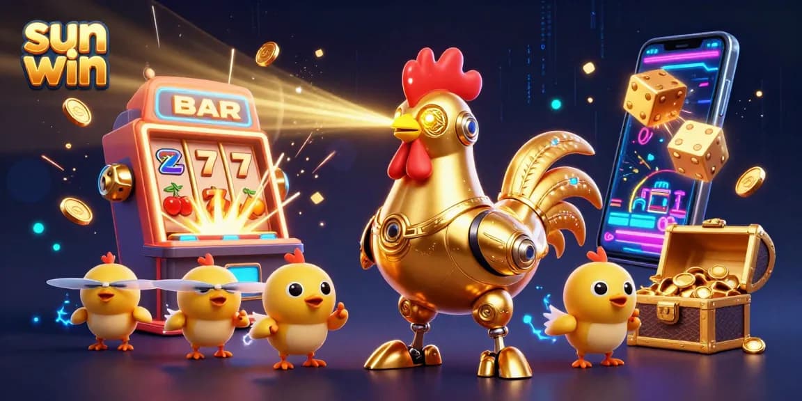 Experience the thrill at sun win with a 3D golden rooster robot and colorful slot machine explosion.