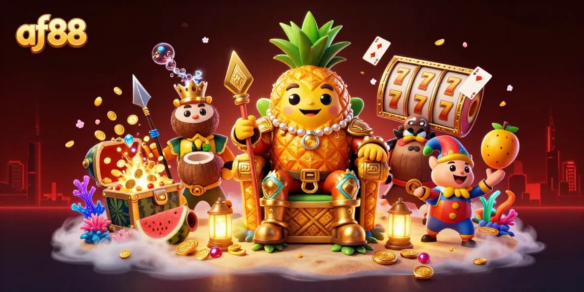 Experience thrilling gameplay with af88, featuring a vibrant 3D casino scene filled with slot elements and dynamic characters.