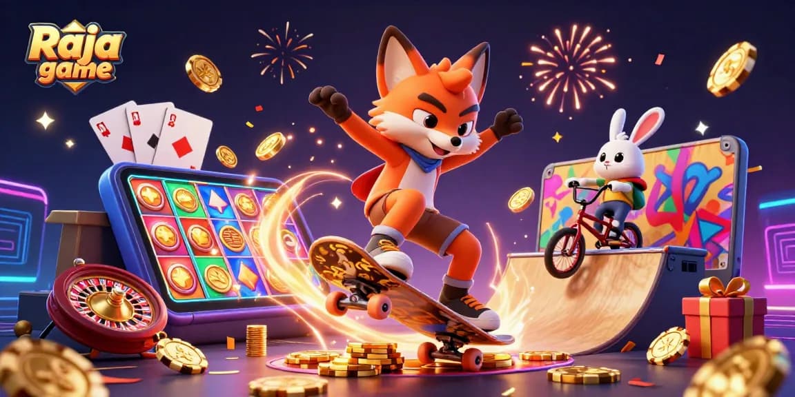 Engaging illustration showcasing Raja game, featuring a skateboarder fox and BMX rabbit in vibrant casino-themed action.