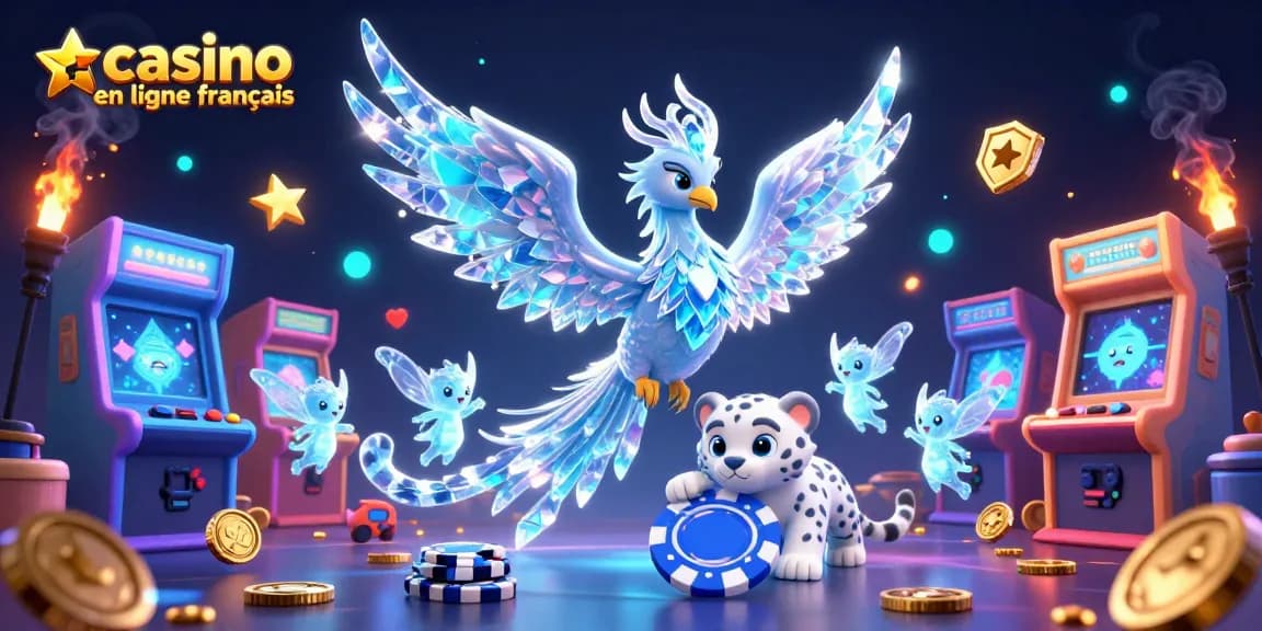 Jouez dans un casino en ligne français avec l'illustration d'un phoenix de glace et un petit léopard des neiges.