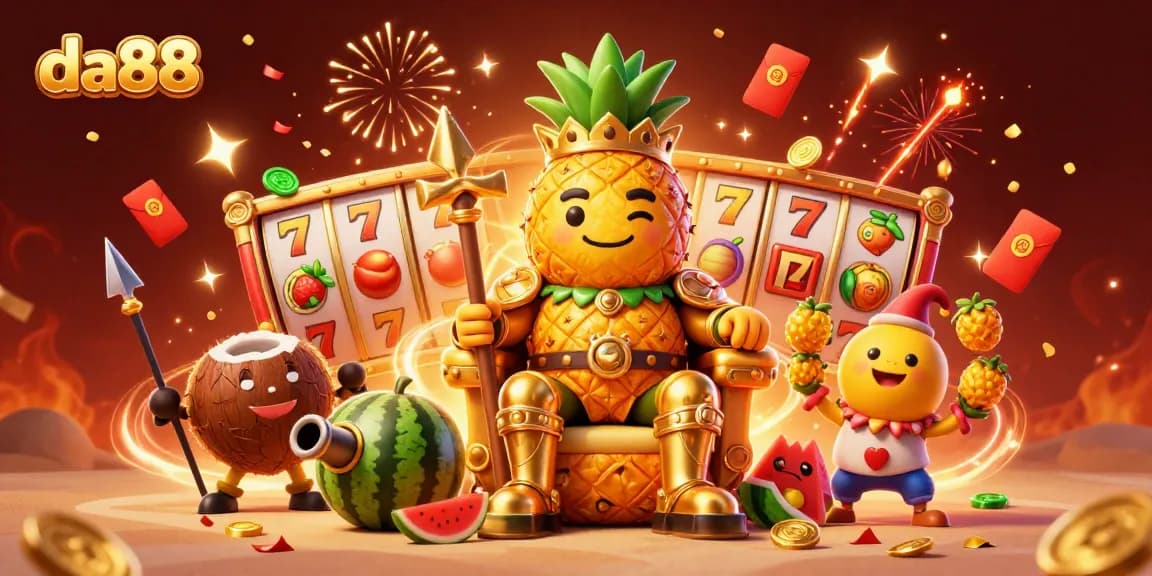 Experience the vibrant beach casino with da88's golden pineapple king and festive game elements.