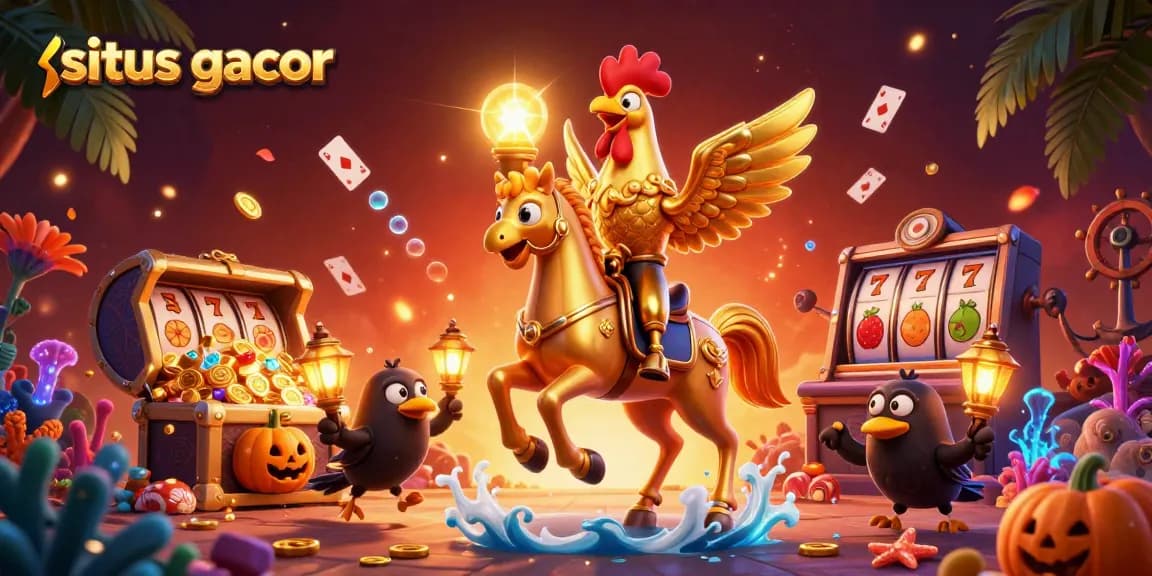 Situs gacor showcases a dazzling gaming scene with a golden rooster and dynamic casino elements.