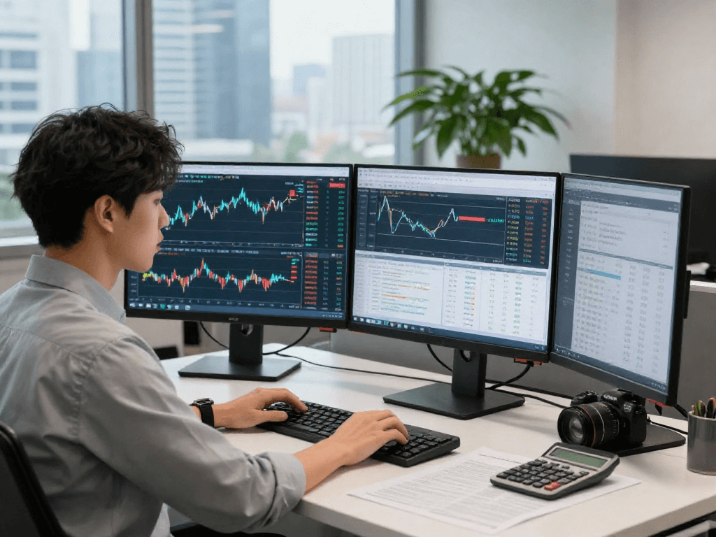 KOSPI index analysis in a modern finance office with charts and data.
