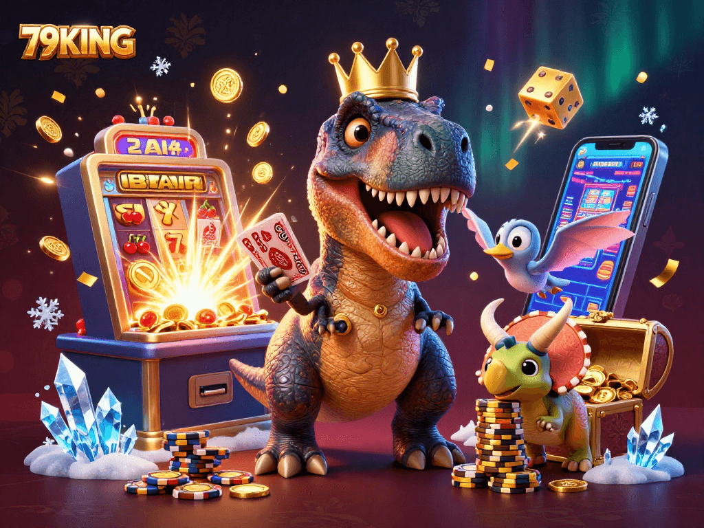 Join the fun with 79KING as a T-Rex shuffles cards in a vibrant casino scene.