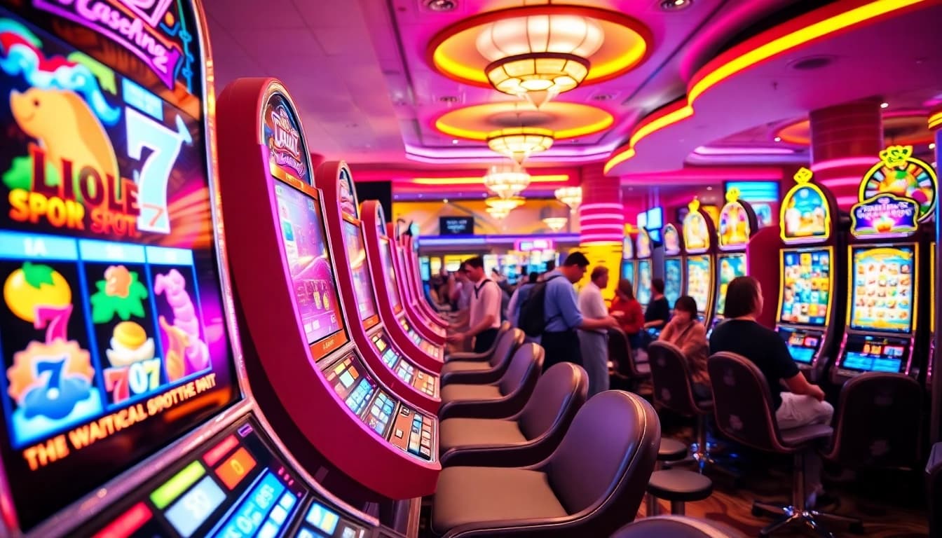 Players enjoying the excitement of slot gambling in a vibrant casino atmosphere.