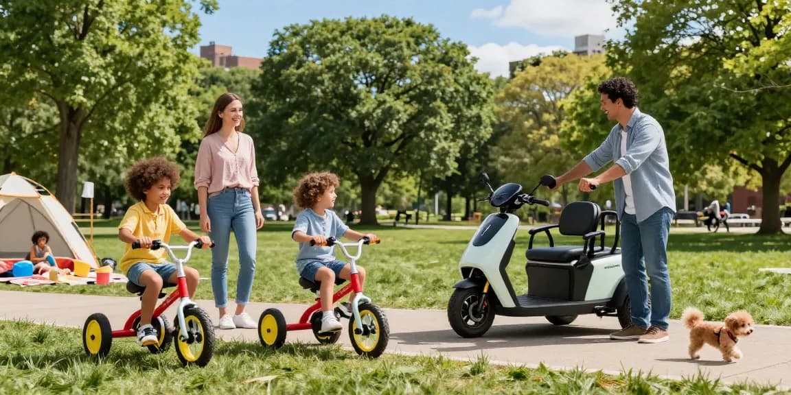 Colorful tricycles for kids and adults in a sunny park setting.