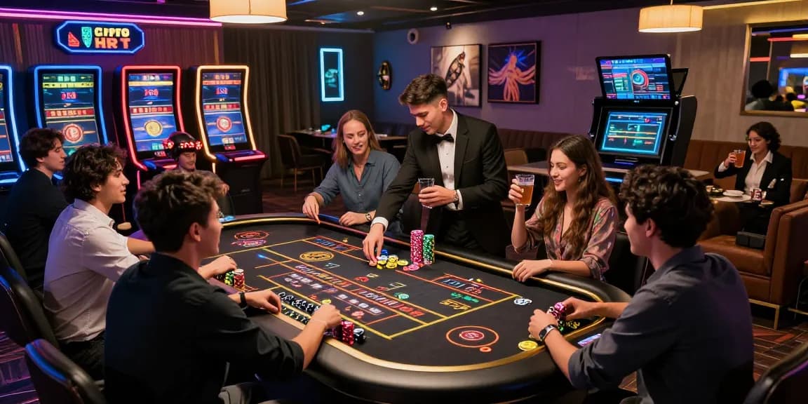 Exciting crypto casino atmosphere with players enjoying roulette and digital gaming experiences