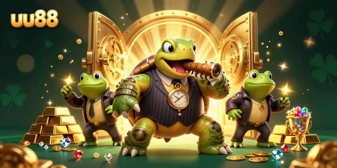 Experience uu88's world with a turtle and bullfrogs bringing casino thrills to life in this vibrant scene.