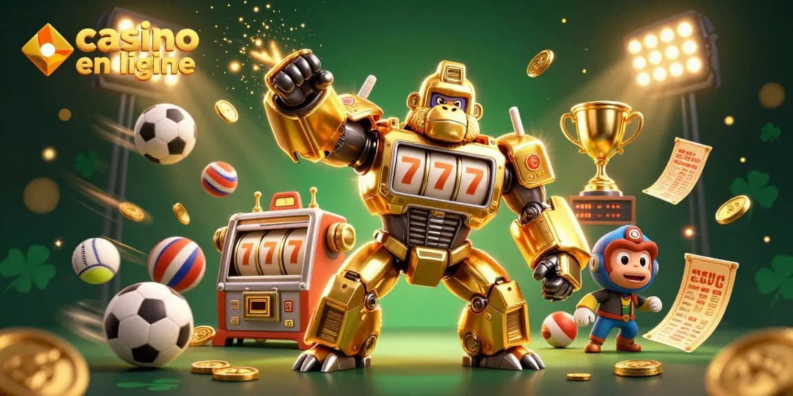 Illustration d'un gorille doré robotique en tant que casino en ligne, avec des éléments de paris sportifs et des jeux.