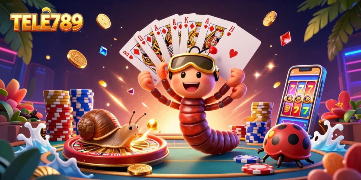 Join the excitement at TELE789, where a dealer in a golden visor oversees a vibrant casino scene