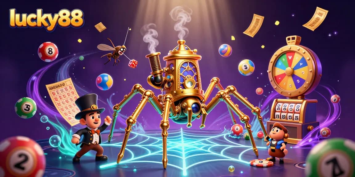 Experience the thrilling world of lucky88 with a steampunk spider capturing dice and lottery elements in vibrant 3D illustration.