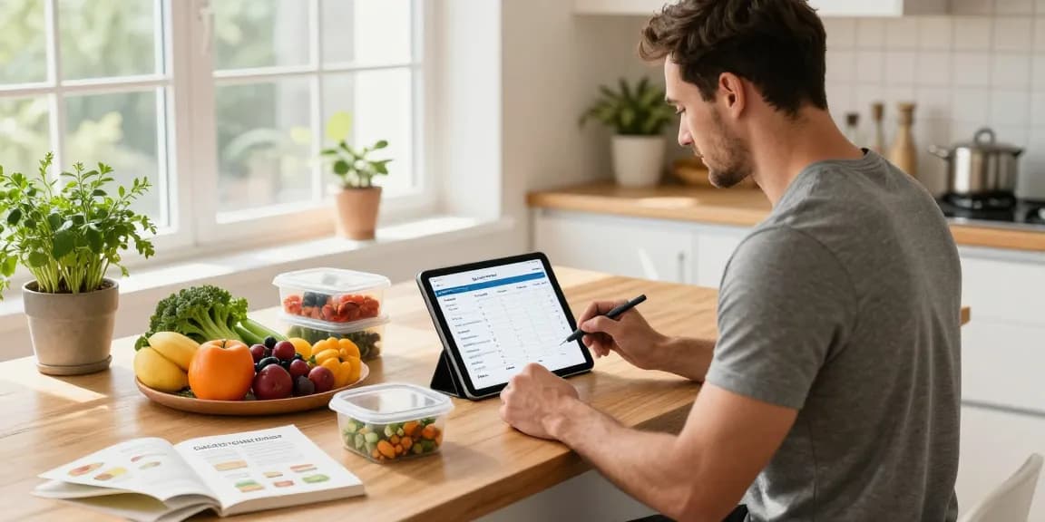 Tracking macros with the best AI macro tracker in a vibrant kitchen surrounded by fresh ingredients.