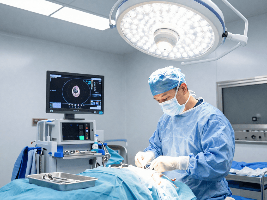 Beyin tümörü ameliyatı in a modern operating room, showcasing a surgical team focused on brain tumor surgery.