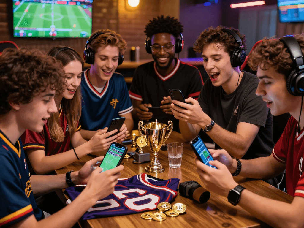 Paris sportif crypto : jeunes parieurs enthousiastes utilisant leurs smartphones dans un bar sportif animé.