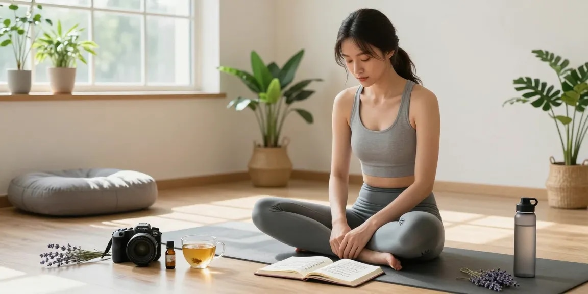 ブラビオンSの口コミを基にした健康生活のシーンで、心地よいヨガマットに座る若い女性と健康製品が描かれています。