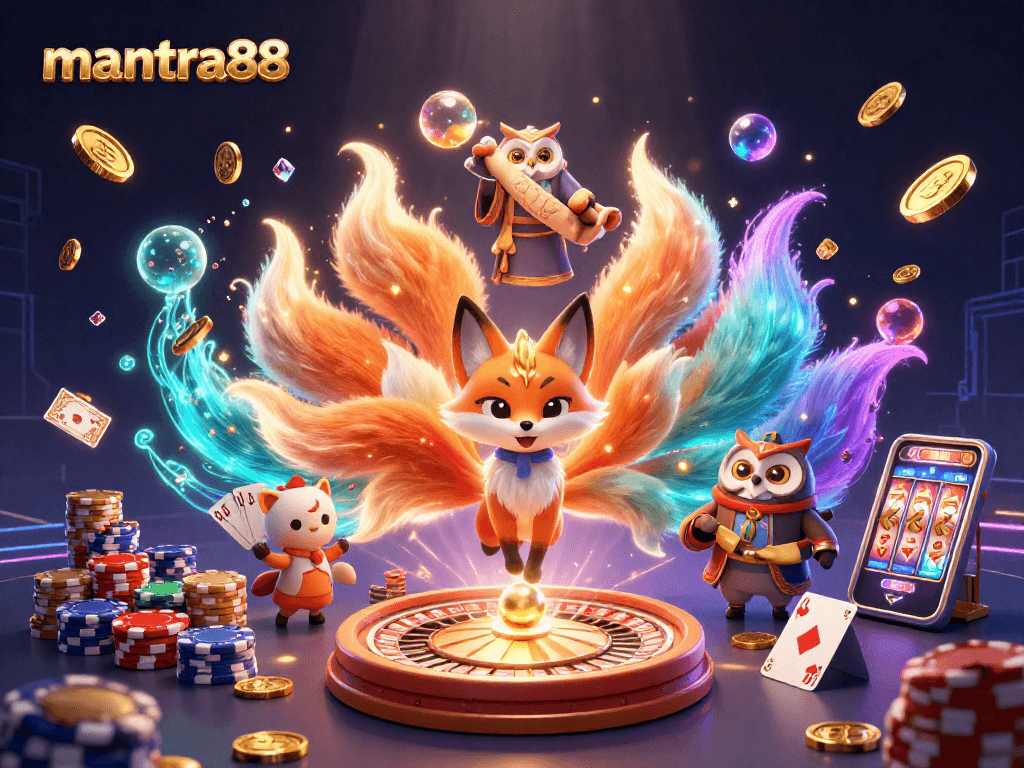 Experience the thrill of winning at mantra88 with vibrant casino characters surrounded by gems and coins.