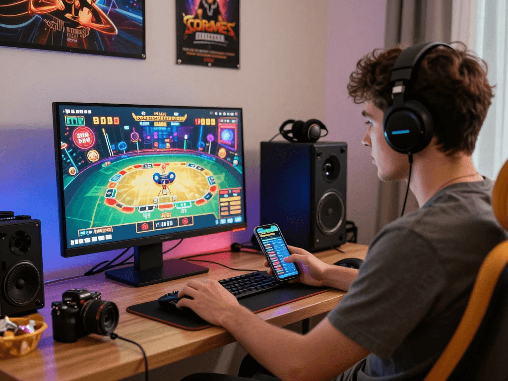 Player engaged in raja 328 live casino game at home office setup with vibrant decor and gaming gear.