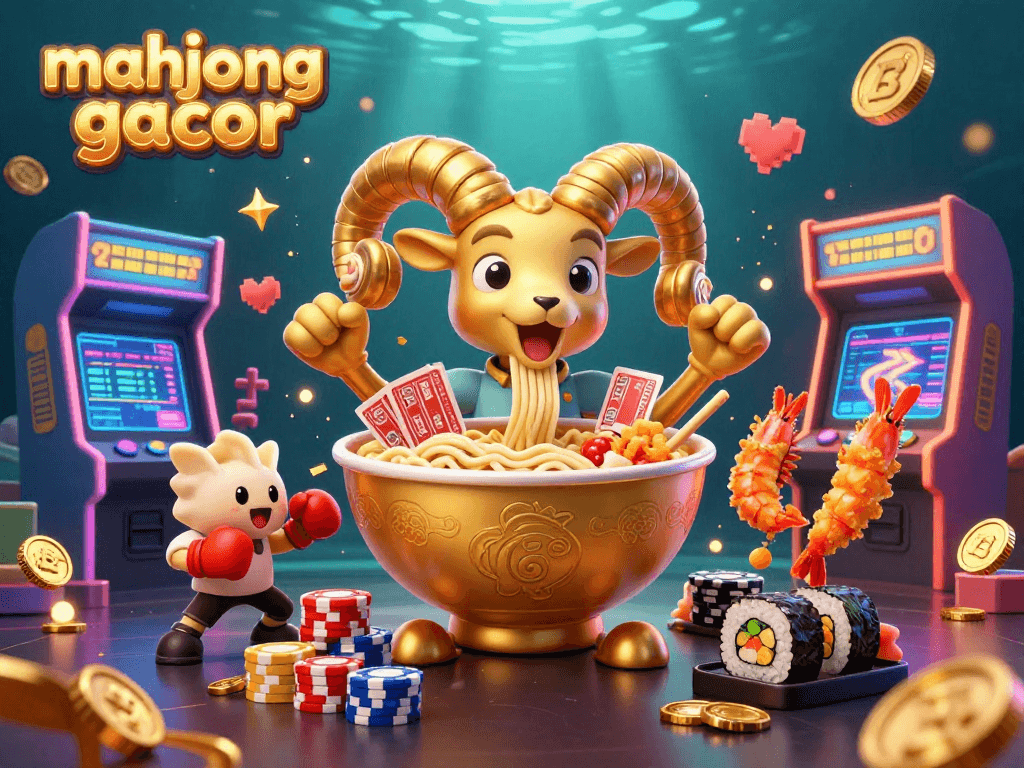 Engage with mahjong gacor in this animated scene featuring a playful ramen bowl dealer and energetic casino elements.