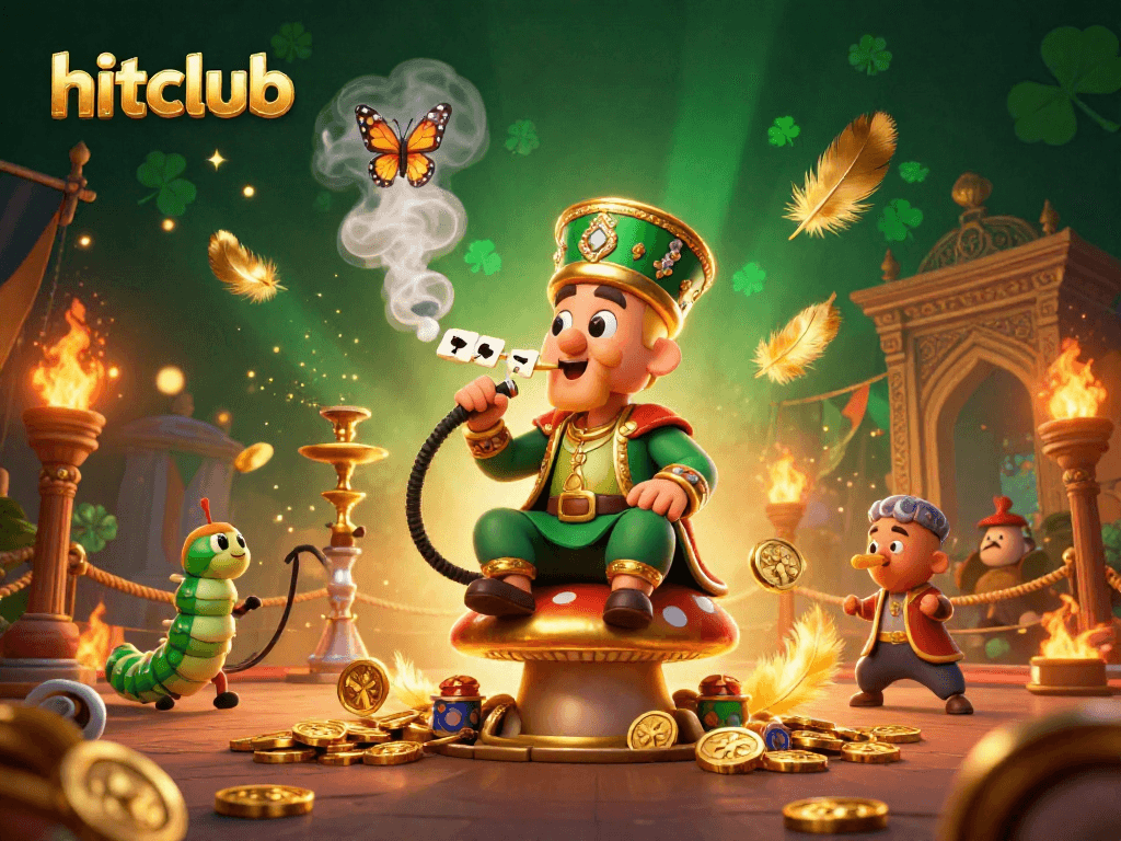 Experience the vibrant hitclub scene with a masterful caterpillar and gaming symbols.