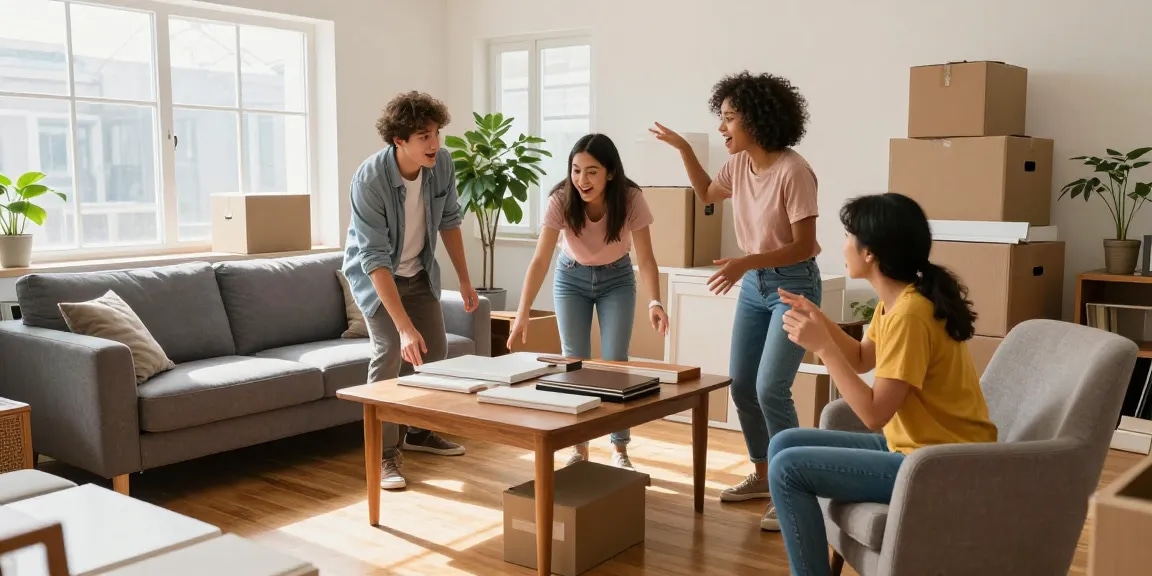 Buying used furniture in Riyadh: family discussing home items in a bright living room.