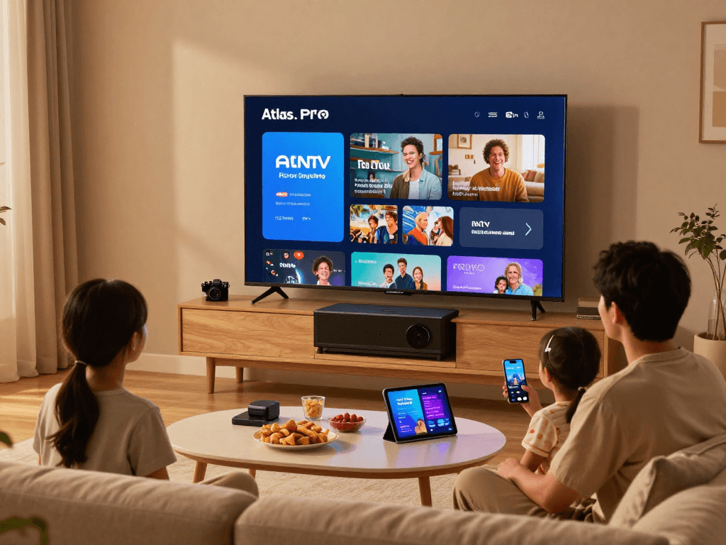 Téléchargement de l'application Atlas Pro ONTV sur un grand écran avec des utilisateurs dans un cadre familial confortable.