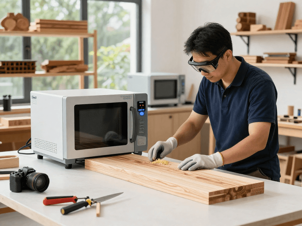 Shashel microwave technology in a wood workshop, eliminating pests efficiently.