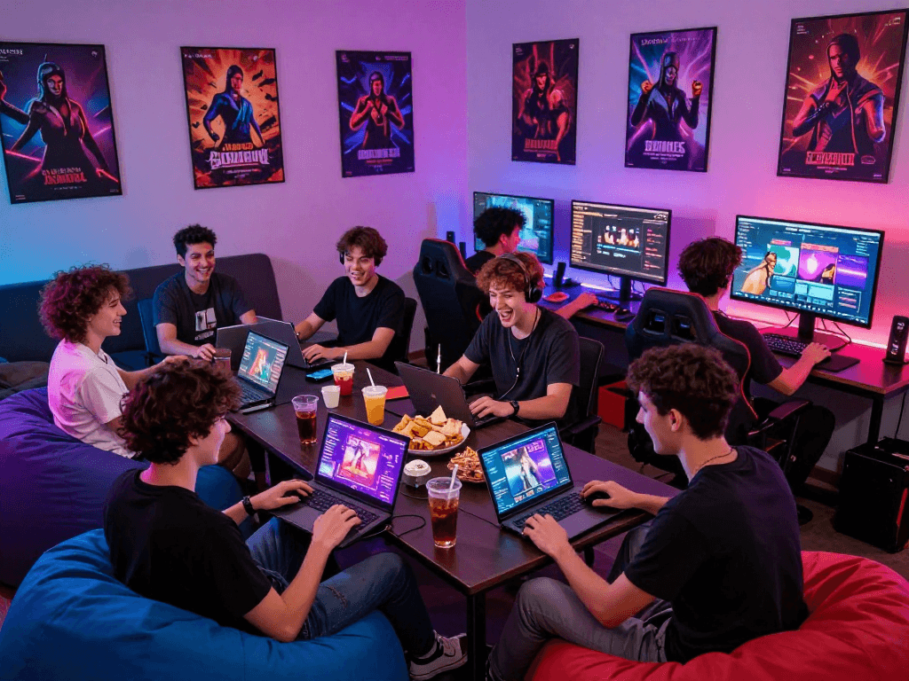 Engaged players enjoying sex games in a vibrant gaming room.
