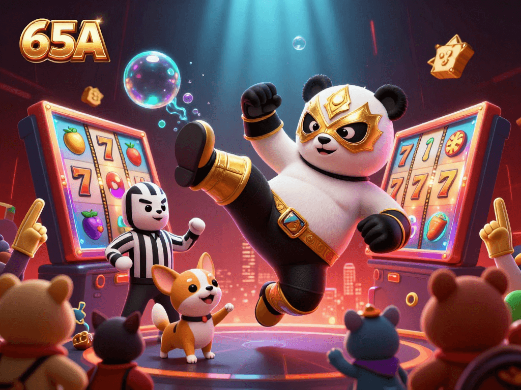 Participantes animados no evento 65A com panda e chihuahua em ação empolgante.