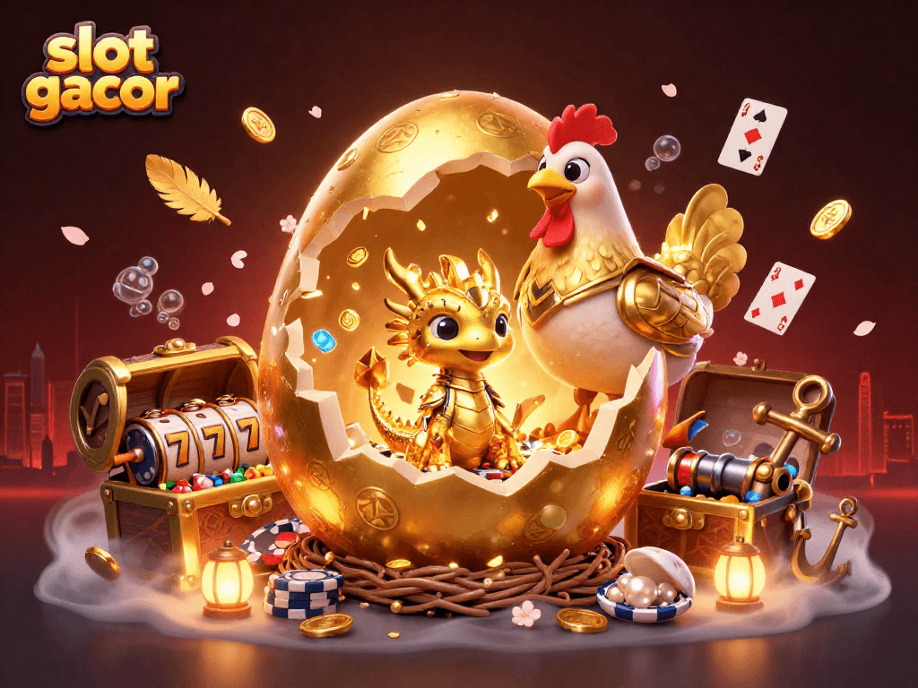 Experience slot gacor with a rich scene featuring golden dragon, poker chips, and vibrant casino elements.
