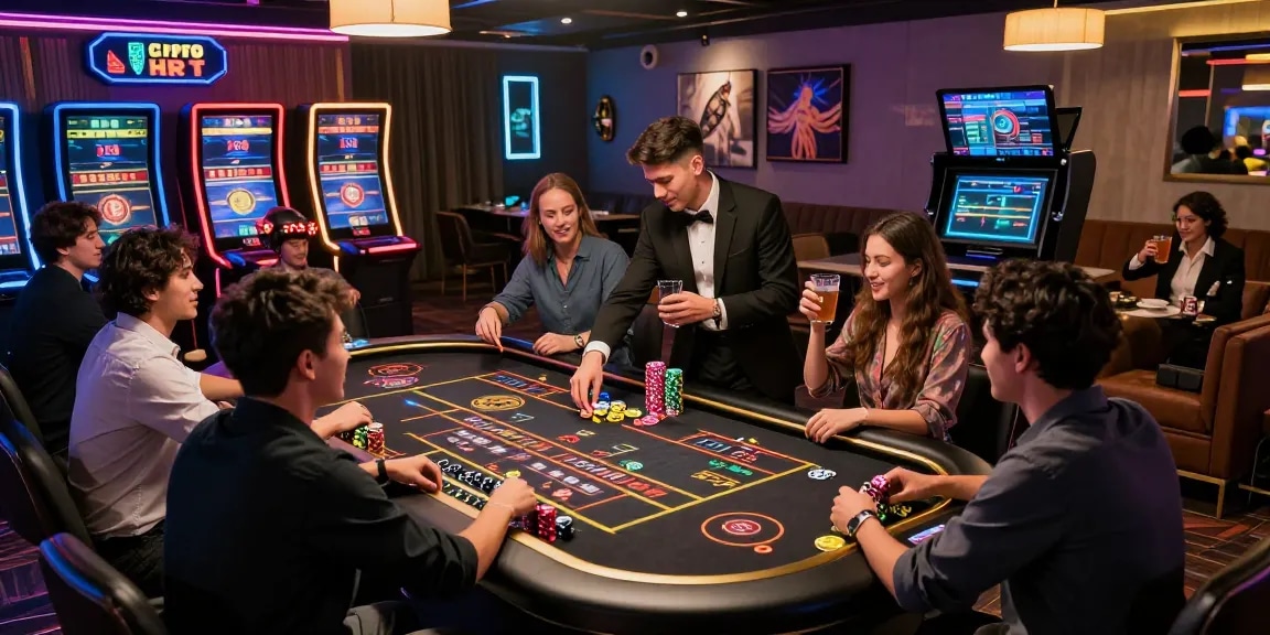 Exciting crypto casino atmosphere with players enjoying roulette and digital gaming experiences