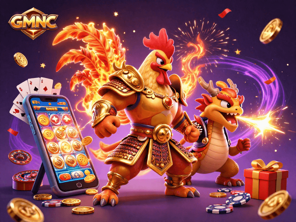 Celebrate your wins with GMNC’s thrilling gaming adventures with a rooster warrior and dragon!