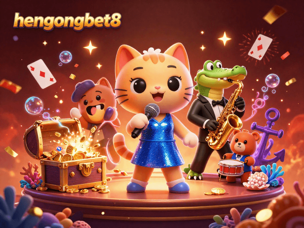 Experience the excitement at hengongbet8 with a lively 3D illustration of casino characters performing on stage.