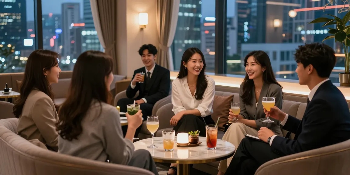 강남 멀리건에서 친구들과 함께 음료를 즐기는 모습, 고급스러운 분위기의 라운지