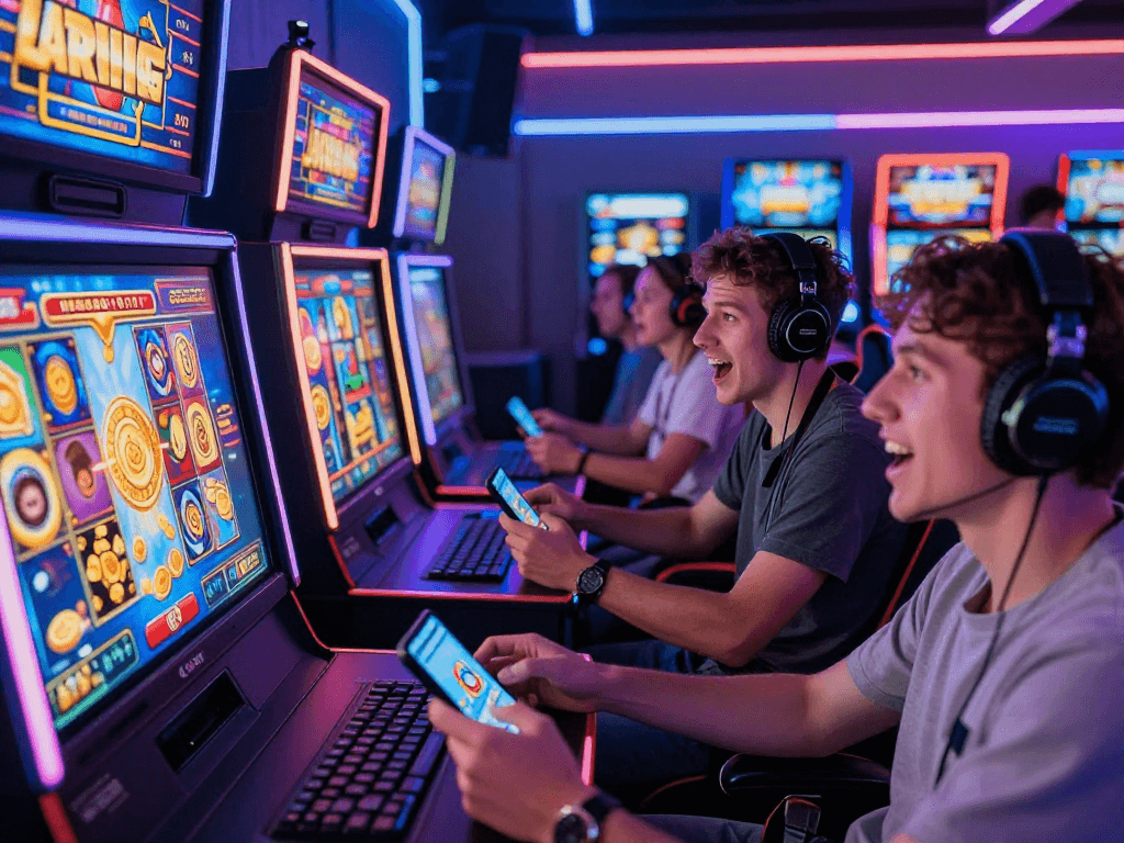 Players enjoying gacor online slot games with vibrant visuals in a virtual casino atmosphere.
