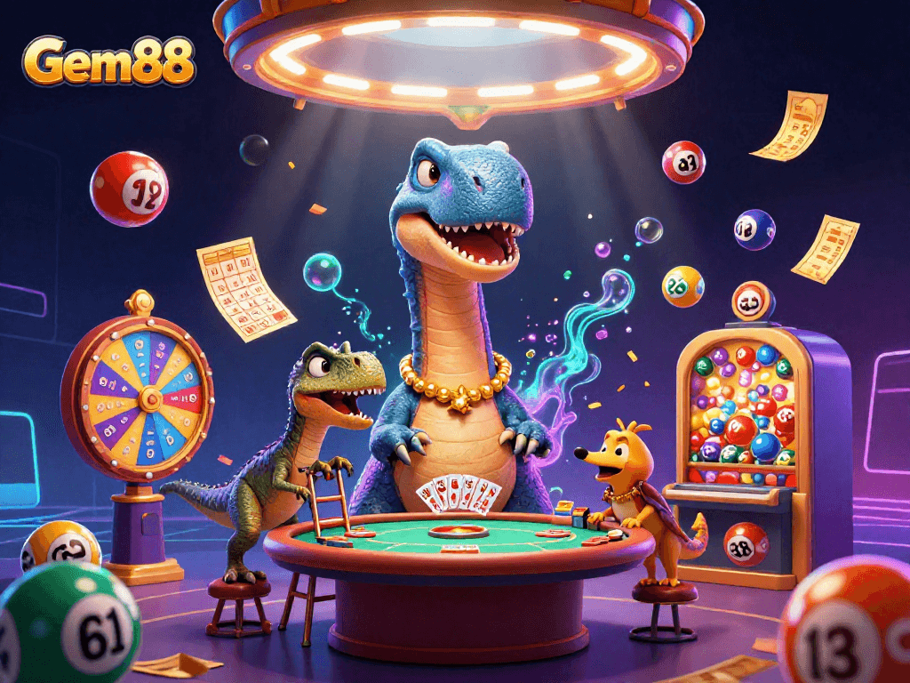 Engage in exciting gameplay at Gem88 with a vibrant casino atmosphere illustrated in an epic 3D scene.